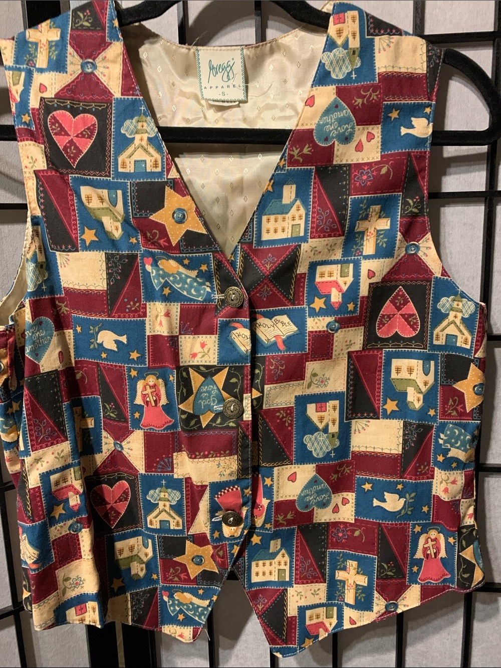Gregg Apparel Patchwork Print Women's Vest in Burgundy, Blue & Cream Size S